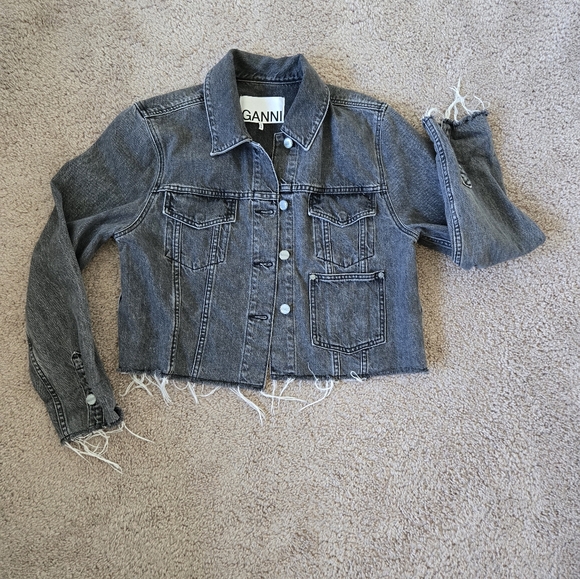 GANNI Womens Jacket Size EUR 42 / US Large Washed Black Denim Raw Hem Grunge - Picture 10 of 16